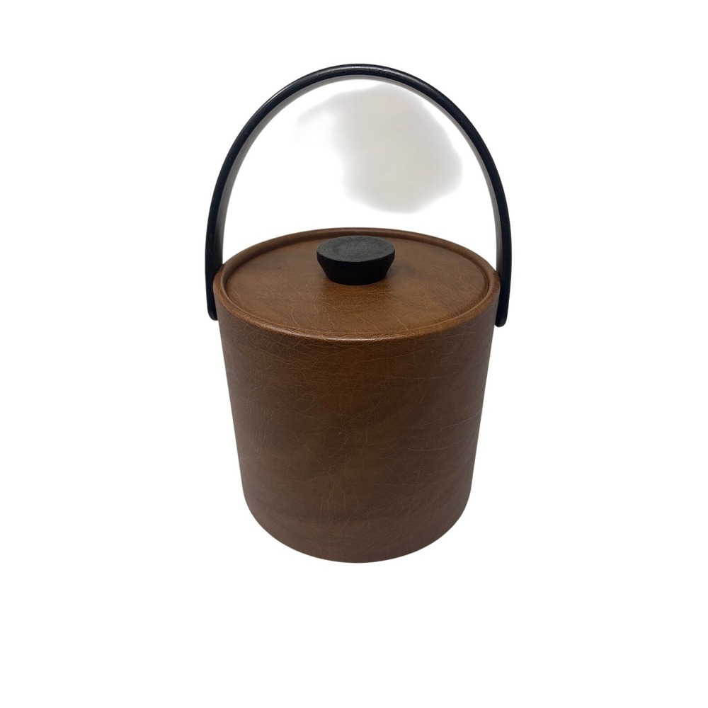 Vintage Mid Century Modern Brown Faux Leather Insulated Ice Bucket with Handle - Picture 2 of 6